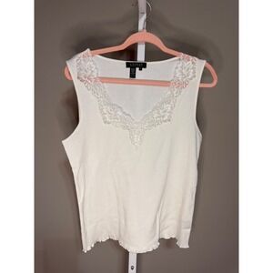 Lauren Ralph Lauren White Ribbed Lace Trim Tank XL Romantic Layering 100% Cotton